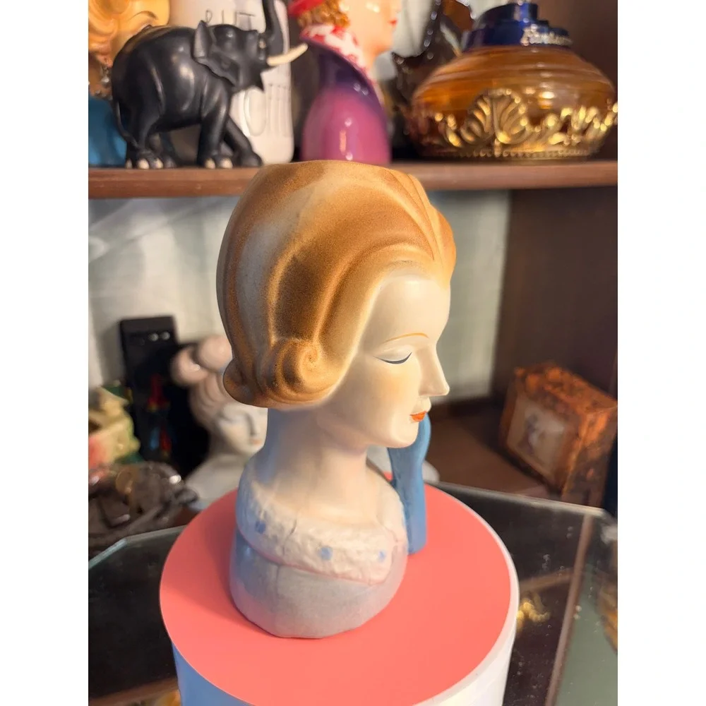 Vintage Mid Century Ceramic Lady Head Vase Blue Glove Blonde Hair 1950s Planter